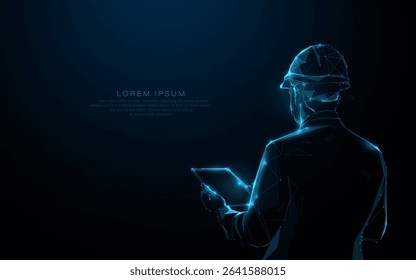 A structural engineer and architect wearing a hard hat. Low polygon A portrait of an industrial man engineer with a smartphone