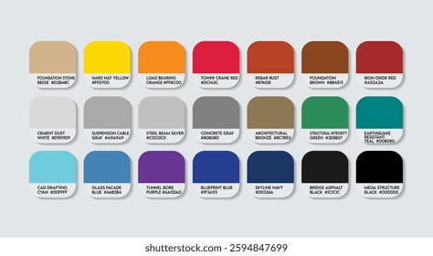 Structural Engineer Color Guide Palette with Color Names. Catalog Sample Structural Engineers with RGB HEX codes and Names. Structural Engineer Color Palette, bright light multicolor Color Palette.