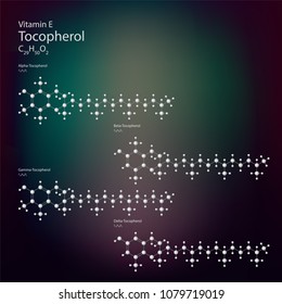Structural formula of Vitamin E. Vector molecular structure of Tocopherol (Alpha-, Beta-, Gamma- and Delta-) 