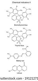 Structural formulas of chemical indicators (bromothymol blue, thymol blue, methyl red, litmus), 2D illustration, vector, isolated on white background