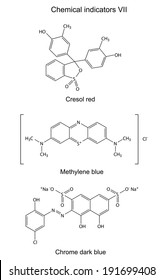 Structural formulas of chemical indicators (cresol red, methylene blue, chrome dark blue), 2D illustration, vector, isolated on white background