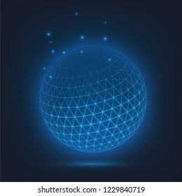 Structural glowing sphere on a dark background, technology, stylized planet or atom