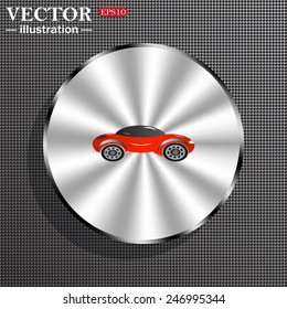 Structural gray background with a metallic circle, with shadow. red car , vector illustration, EPS 10