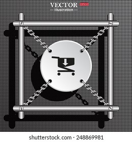 Structural gray background with shadow. White circle with chains in a metal frame. put in shopping cart , vector illustration, EPS 10