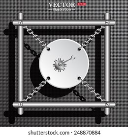 Structural gray background with shadow. White circle with chains in a metal frame. Cog Settings , vector illustration, EPS 10