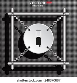 Structural gray background with shadow. White circle with chains in a metal frame. Case for phone , vector illustration, EPS 10