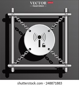 Structural gray background with shadow. White circle with chains in a metal frame. Wireless network access is open, unlocked , vector illustration, EPS 10