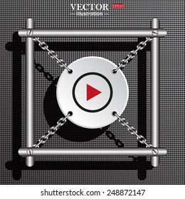 Structural gray background with shadow. White circle with chains in a metal frame. play, vector, EPS 10