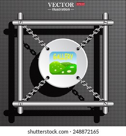 Structural gray background with shadow. White circle with chains in a metal frame. Gallery,  vector illustration, EPS 10