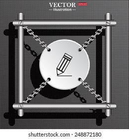 Structural gray background with shadow. White circle with chains in a metal frame. black pencil, vector, EPS 10