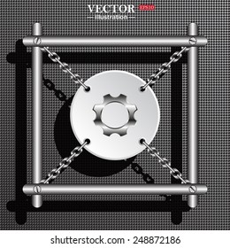 Structural gray background with shadow. White circle with chains in a metal frame. Cog Settings , vector illustration, EPS 10
