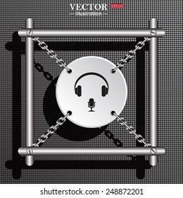 Structural gray background with shadow. White circle with chains in a metal frame. Headphones. Musical accessory,   vector illustration, EPS 10