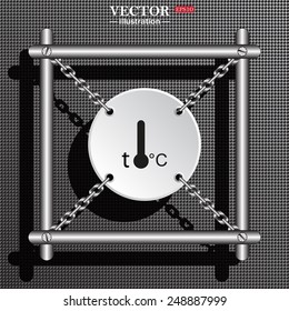 Structural gray background with shadow. White circle with chains in a metal frame. Thermometer , vector illustration, EPS 10
