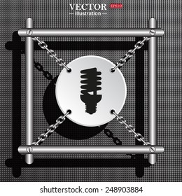 Structural gray background with shadow. White circle with chains in a metal frame. fluorescent lamp, vector illustration, EPS 10