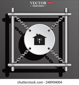 Structural gray background with shadow. White circle with chains in a metal frame. The house is surrounded by a network wi-fi , vector illustration, EPS 10