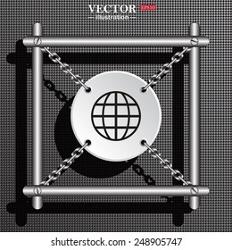 Structural gray background with shadow. White circle with chains in a metal frame. Globe,  vector illustration, EPS 10
