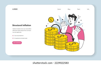 Banner web sobre la inflación estructural o página de inicio. Aumentar los precios y el valor de la razón de la recesión monetaria. Crisis económica y riesgo empresarial. Ilustración vectorial plana