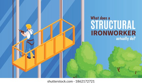 Structural ironworker banner with work concept symbols isometric vector illustration