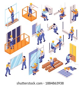 Structural ironworker icons set with work and equipment symbols isometric isolated vector illustration