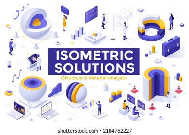 Structural and material analysis set - people building diagrams or charts and monitoring metrics, indicators. Bundle of isometric design elements isolated on white background. Vector illustration.