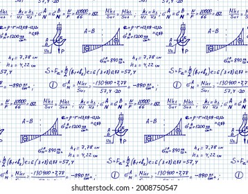 Structural mechanics diagrams. Physics mathematical formula equation, doodle handwriting icon in workbook page with hand drawn model, create by vector. Retro seamless pattern.