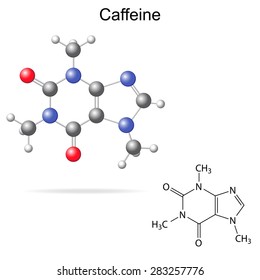 Structural model, chemical formula of caffeine molecule, 2d and 3d isolated vector, eps 8 svg