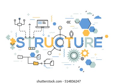 Structural organization of business process, arranging structure and planning concept. Creative infographic banner with elements in thin line style. Vector illustration for poster, header, website.