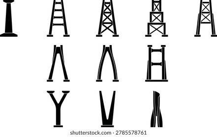 Structural silhouette icons set towers pillars and frameworks for modern engineering and architectural design on transparent background