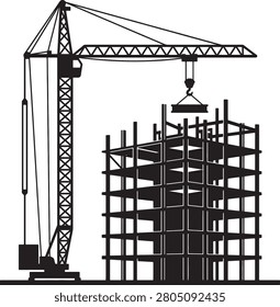 Structural skeleton of multi story building being assembled by large tower crane. Industrial site representation for architectural engineering. Black silhouette vector depicting progress in metropolitan real estate investment.