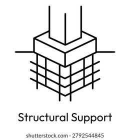 Structural support foundation line icon showing reinforced concrete pillar base mesh for building stability engineering