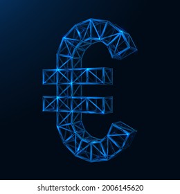 The structural symbol of the Euro. Construction of connected blocks. Polygonal design of lines and points. Blue background.