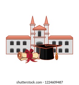 structure academy with hat graduation and certificate