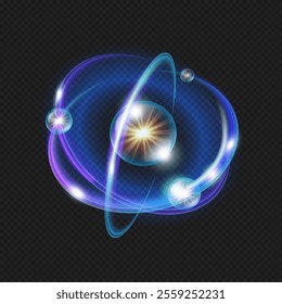 Structure of atom with glowing and shining ions element around. Vector molecule and proton core symbol, neon light effect of particle. Fusion orbit spin. Atomic neutron science and physic