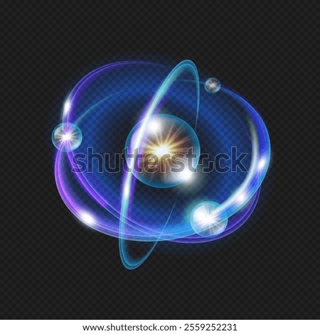 Structure of atom with glowing and shining ions element around. Vector molecule and proton core symbol, neon light effect of particle. Fusion orbit spin. Atomic neutron science and physic