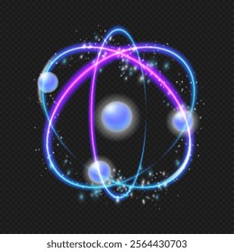 Structure of atom or neutron with lights. Vector design for educational displays, artistic installations or science themed decorations. Circular tech science, global orbit light effect neon particle