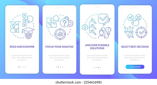 Structure of case study blue gradient onboarding mobile app screen. Research walkthrough 4 steps graphic instructions with linear concepts. UI, UX, GUI template. Myriad Pro-Bold, Regular fonts used