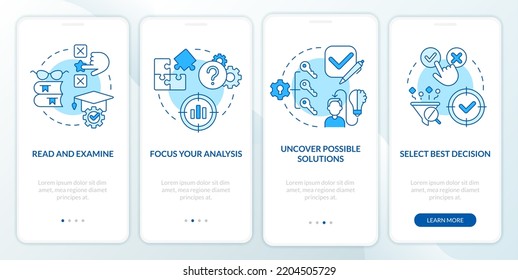 Structure of case study blue onboarding mobile app screen. Research walkthrough 4 steps editable graphic instructions with linear concepts. UI, UX, GUI template. Myriad Pro-Bold, Regular fonts used