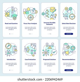 Structure of case study and drafting onboarding mobile app screen set. Walkthrough 4 steps editable graphic instructions with linear concepts. UI, UX, GUI template. Myriad Pro-Bold, Regular fonts used