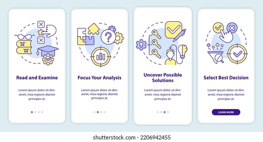 Structure of case study onboarding mobile app screen. Research walkthrough 4 steps editable graphic instructions with linear concepts. UI, UX, GUI template. Myriad Pro-Bold, Regular fonts used