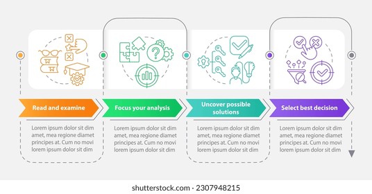 Structure of case study rectangle infographic template. Research. Data visualization with 4 steps. Editable timeline info chart. Workflow layout with line icons. Myriad Pro-Bold, Regular fonts used