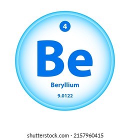 Estructura Elemento químico símbolo Beryllium (Be). Icono atómico del elemento de tabla de átomo de ciencia. Ilustración vectorial de tutor blanco de círculo simple. Número atómico para la clase de laboratorio, ciencia o química.