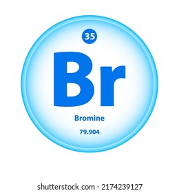 Structure Chemical element Bromine (Br) symbol. Science atom table element atomic icon. Simple circle blue white guardian vector illustration 3D. Atomic number for Lab science or chemistry class.