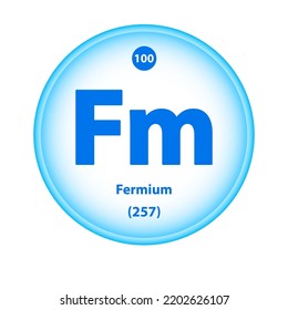 Structure Chemical element Fermium (Fm) symbol. Science atom table element atomic icon. Simple circle blue white guardian vector illustration 3D. Atomic number for Lab science or chemistry class.