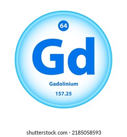 Estructura Elemento químico 	
Símbolo de gadolinio (Gd). Icono atómico del elemento de tabla de átomo de ciencia. Ilustración vectorial 3D del círculo simple azul tutor blanco. Número atómico para la clase de ciencias de laboratorio o química.