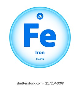 Structure Chemical element Iron Ferrum (Fe) symbol. Science atom table element atomic icon. Simple circle blue white guardian vector illustration 3D. Atomic number for Lab science or chemistry class.