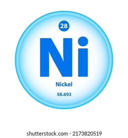Structure Chemical element Nickel (Ni) symbol. Science atom table element atomic icon. Simple circle blue white guardian vector illustration 3D. Atomic number for Lab science or chemistry class.