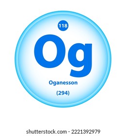 Structure Chemical element 	
Oganesson (Og) symbol. Science atom table element atomic icon. Simple circle blue white guardian vector illustration 3D. Atomic number for Lab science or chemistry class.