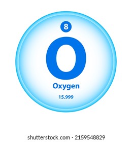 Structure Chemical element Oxygen (O) symbol. Science atom table element atomic icon. Simple circle blue white guardian vector illustration. Atomic number for Lab, science or chemistry class.