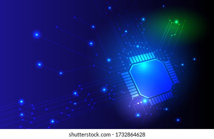 Structure of circuit board on blue Technology background. Connections concept for globalization for future. Mother board with capacitor device and microchip with neon light. Industry science template.