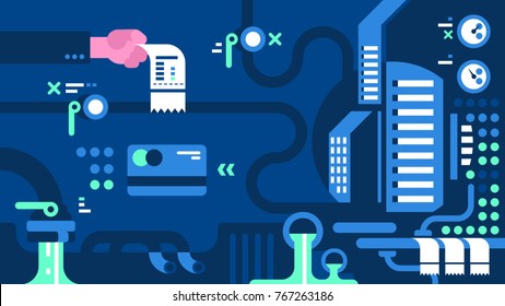 Structure Of City Water Supply In Abstract Art Style. Payment For Water Bills. Vector Illustration